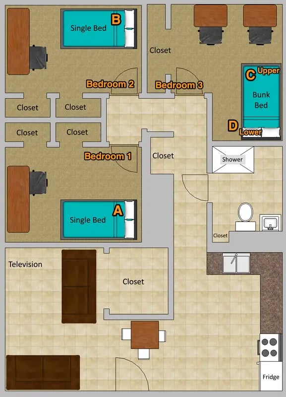 Two single beds bunk bed living room kitchen exterior at Crestwood Rexburg Apartments in Rexburg Student Accommodation