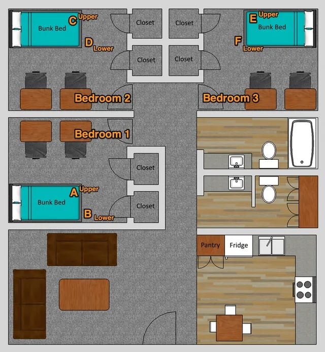 Floor plan with bedrooms kitchen and bathroom at Crestwood Rexburg Apartments in Rexburg Student Accommodation