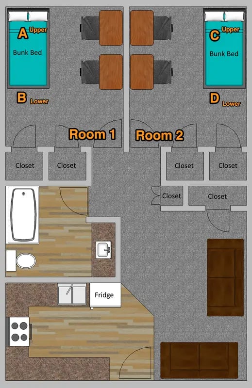 Bunk beds desks bathroom kitchen living room floor plan at Crestwood Rexburg Apartments in Rexburg Student Accommodation