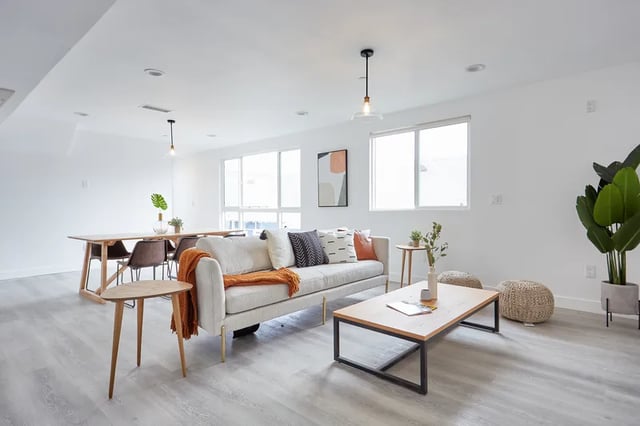 Sofa dining table coffee table living room at 1476 W 35th St in Los Angeles Student Accommodation