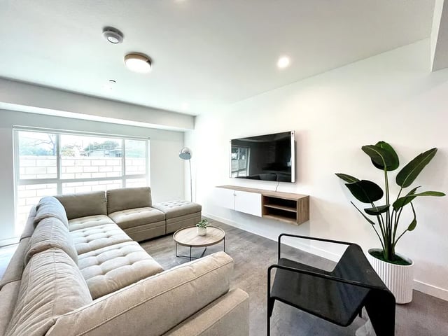 Sectional sofa television plant black chair living room at 1587 W 35th St in Los Angeles Student Accommodation