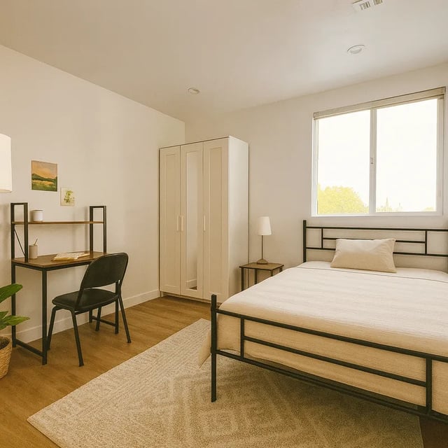 Bed desk wardrobe and window bedroom at 1587 W 35th St in Los Angeles Student Accommodation
