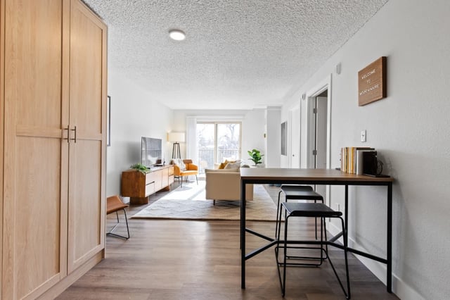 Modern kitchen table and stools living room at Mountainaire Boulder in Boulder Student Accommodation