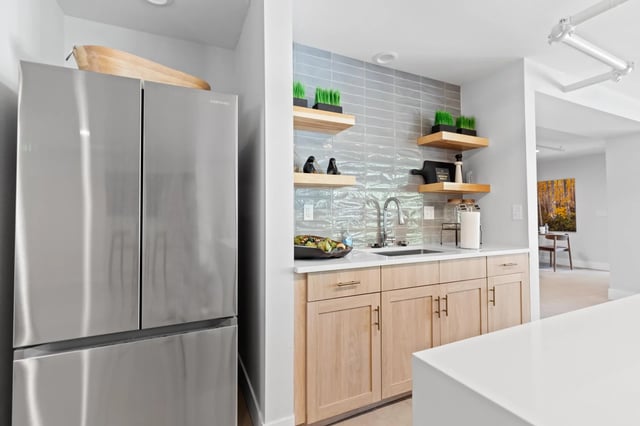 Stainless steel fridge and cabinets kitchen at Mountainaire Boulder in Boulder Student Accommodation