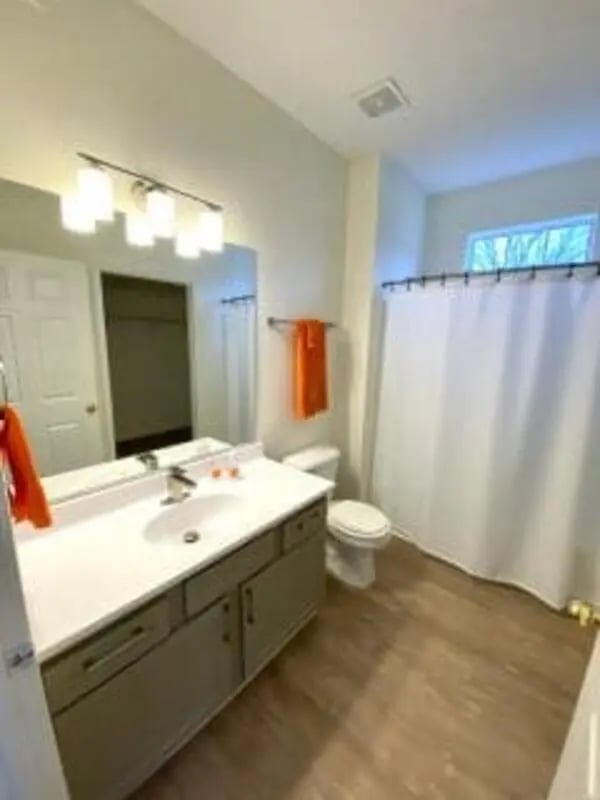 Vanity toilet shower curtain bathroom at Clemson Village in Clemson Student Accommodation