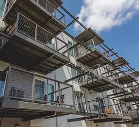 Modern balconies on student housing exterior at The Lodge in Boulder Student Accommodation