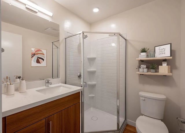 Sink shower toilet with shelves Bathroom at The Cove Santa Barbara in Isla Vista Student Accommodation