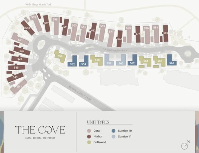 Apartment buildings numbered 541-583 floor plan layout exterior at The Cove Santa Barbara in Isla Vista Student Accommodation