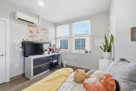 TV dresser desk chair bed and stuffed animals bedroom at Polk On Third - Off Campus Student Housing in Bethlehem Student Accommodation
