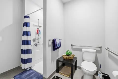 Shower toilet cabinet grab bars bathroom at Polk On Third - Off Campus Student Housing in Bethlehem Student Accommodation
