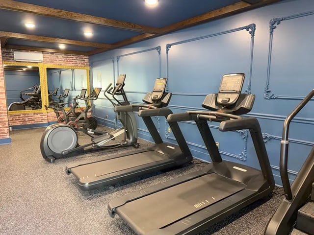 Treadmills ellipticals exercise bikes mirror gym playing area at The French Quarter Apartments in Auburn Student Accommodation