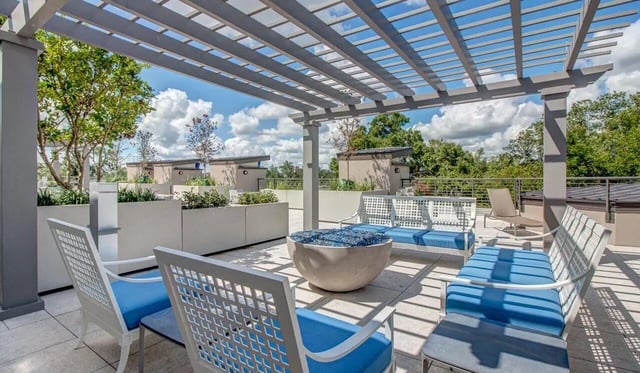 Outdoor patio with benches and fire pit exterior at Cascades Luxury Apartments in Gainesville Student Accommodation