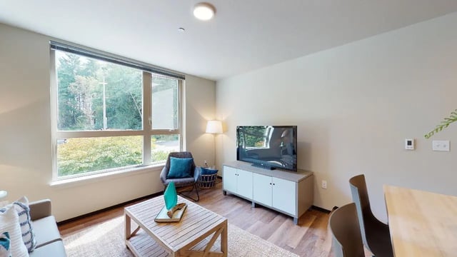Sofa chair tv and table living room at 7000 Campus Living Apartments in Shoreline Student Accommodation