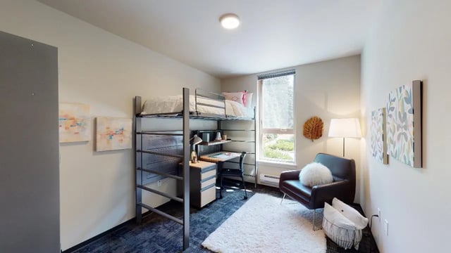Loft bed desk chair armchair and artwork bedroom at 7000 Campus Living Apartments in Shoreline Student Accommodation