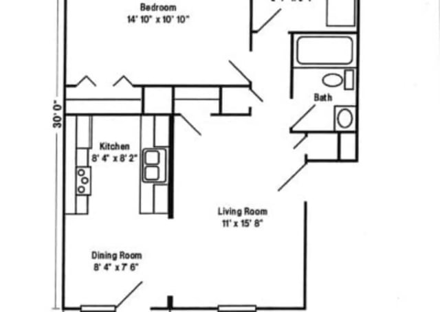 Floor plan shows kitchen bedroom bath living room floor plan at Copperfield Court in Morgantown Student Accommodation