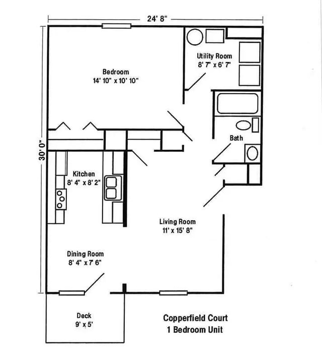 Floor plan with kitchen bedroom bath living room exterior at Copperfield Court in Morgantown Student Accommodation