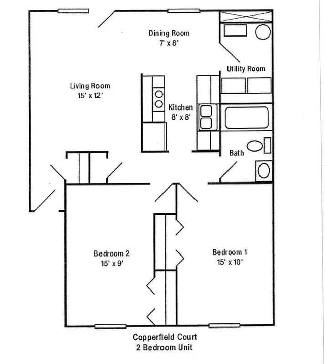 Floor plan with living kitchen bath bedrooms floor plan at Copperfield Court in Morgantown Student Accommodation