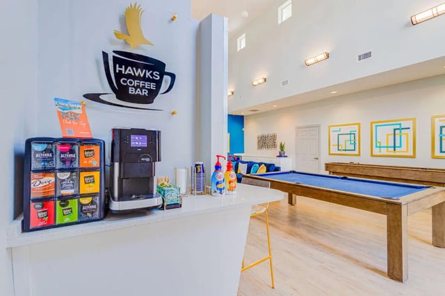 Coffee bar with pool table recreation area at Hawks Landing in Oxford Student Accommodation