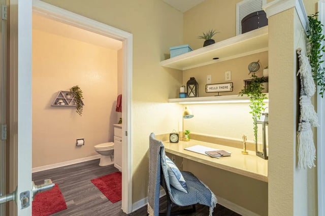 Desk with chair and bathroom with toilet study area bathroom at Hawks Landing in Oxford Student Accommodation