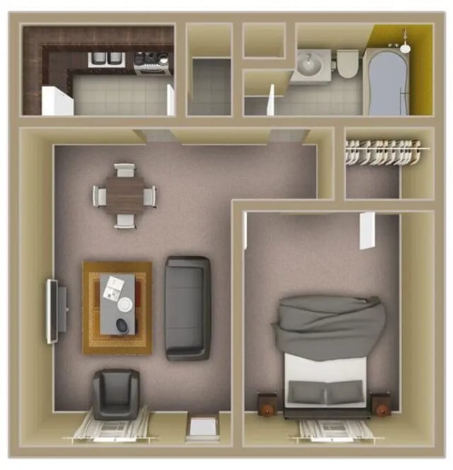 Kitchen bathroom living room bedroom apartment plan at 759 Basin LLC in Tallahassee Student Accommodation