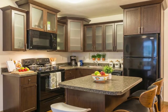 Dark brown cabinets microwave oven black refrigerator kitchen at Waters Edge Apartments in East Lansing Student Accommodation