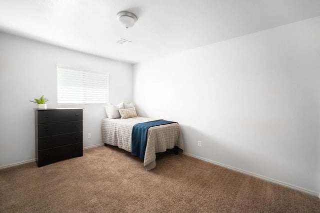 Bed dresser window blinds and plant bedroom at 7th & University Apartments in St. George Student Accommodation