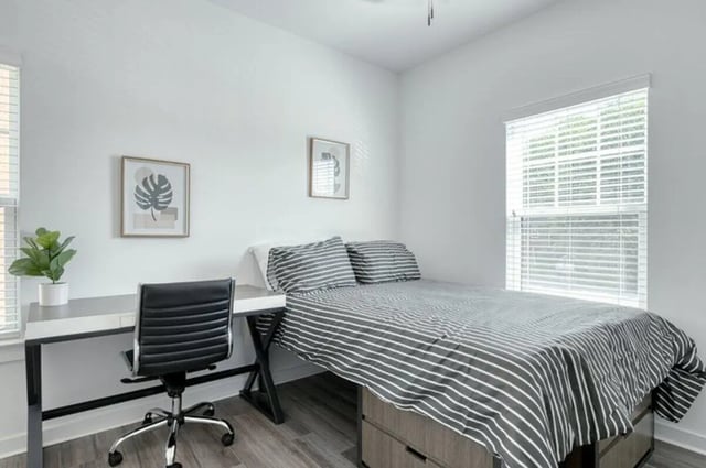 Bed desk chair plant art bedroom at Haven Blacksburg in Blacksburg Student Accommodation