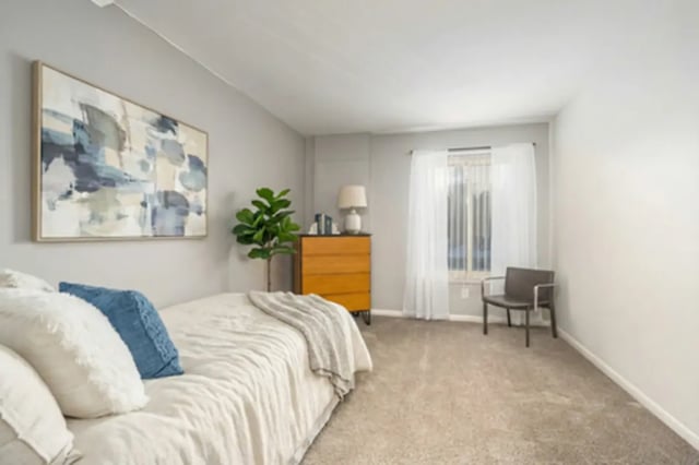 Bed dresser plant chair artwork bedroom at Campus Hill Apartments