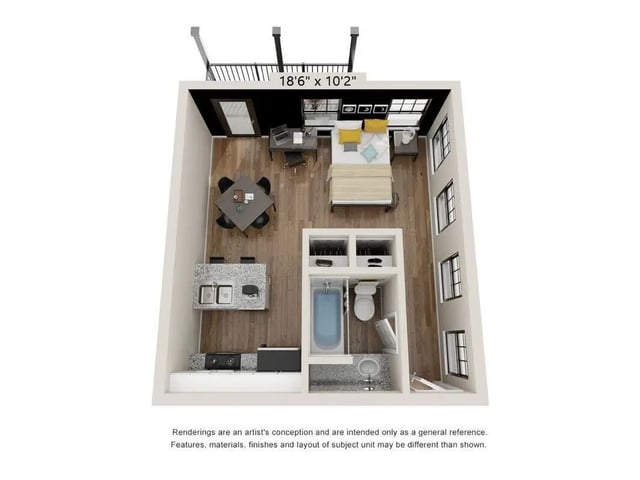 Bed desk dining kitchen bathroom studio at The Balcony Auburn | Student Living in Auburn Student Accommodation