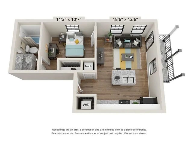 Bed bathroom kitchen living room bedroom apartment floor plan at The Balcony Auburn | Student Living in Auburn Student Accommodation