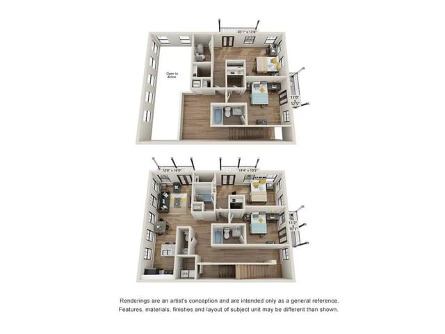Two floor plans with bedrooms living room kitchen exterior at The Balcony Auburn | Student Living in Auburn Student Accommodation