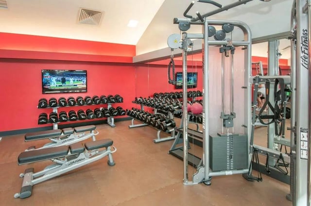 Dumbbells weight benches and cable machine gym at The Ave at Norman Apartments in Norman Student Accommodation