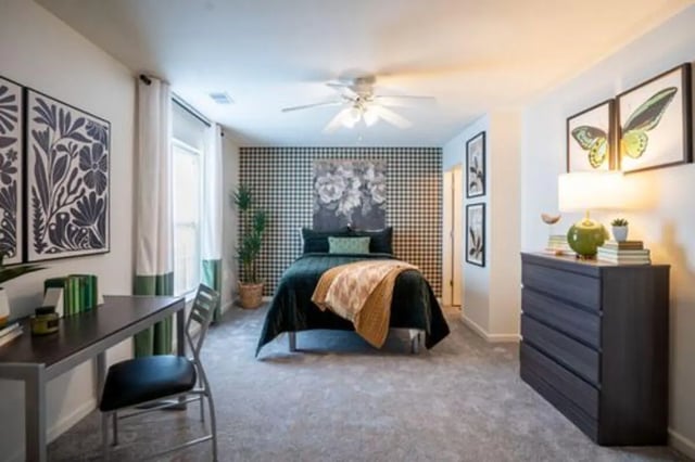 Bed dresser desk and artwork bedroom at The Roost in Rexburg Student Accommodation