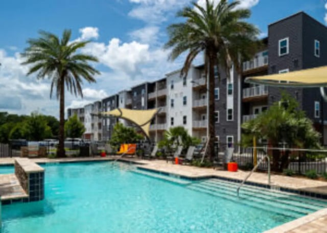 Swimming pool with lounge chairs and palm trees exterior at Anthem House in Gainesville Student Accommodation