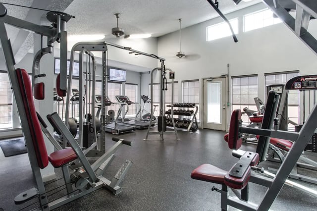 Gym equipment treadmills dumbbells and weight machines gym at The Redland Apartments in Athens Student Accommodation