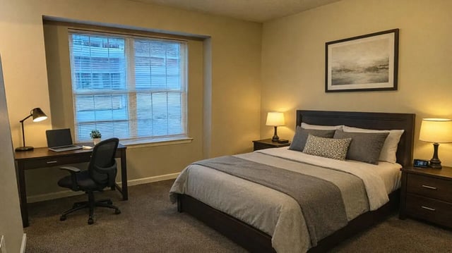 Bed desk and chair in student bedroom. at 900 on Park Apartments in Carbondale Student Accommodation