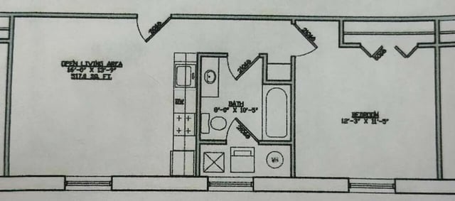 Floor plan showing living area bathroom and bedroom floor plan at Metro Towers in Morgantown Student Accommodation