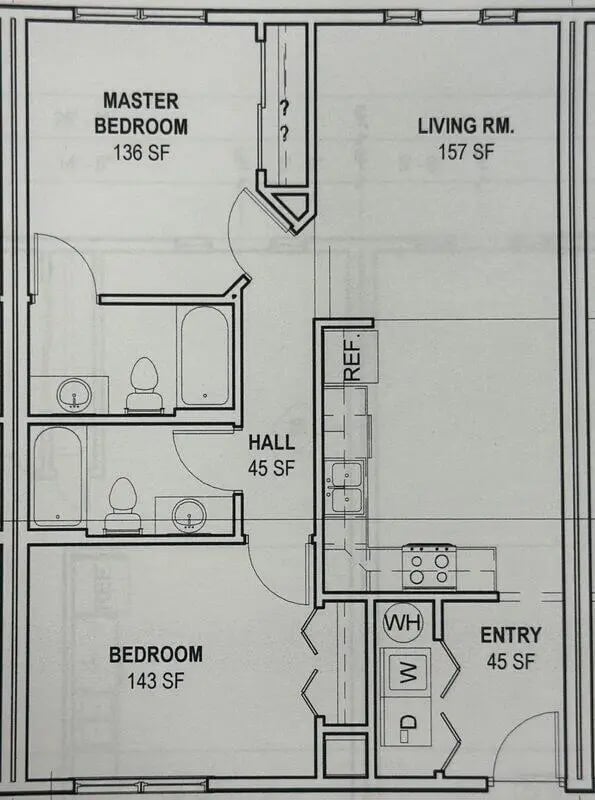 Floor plan with bedrooms, baths, kitchen, living room, entry at Metro Towers in Morgantown Student Accommodation