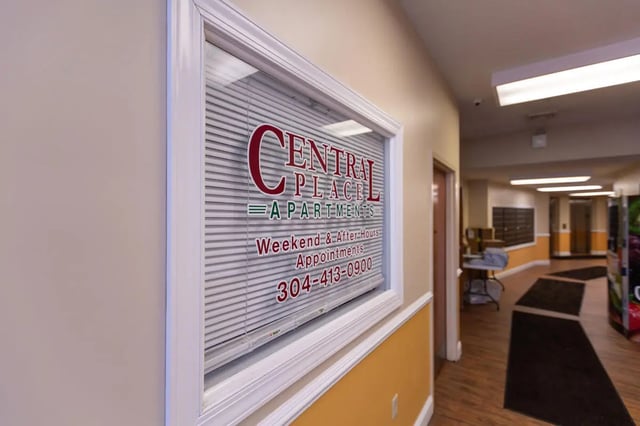 Central Place Apartments sign hallway exterior at Central Place in Morgantown Student Accommodation