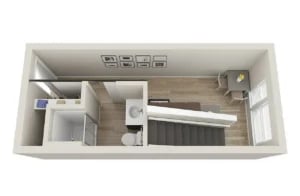 Top down view of studio apartment with kitchen living and bathroom at Ferry Street Flats in Eugene Student Accommodation