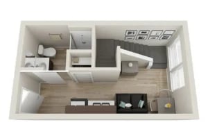 Modern open plan living area and bathroom aerial view at Ferry Street Flats in Eugene Student Accommodation