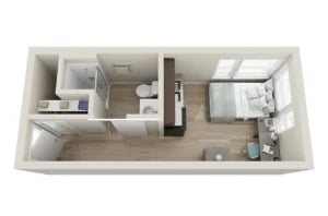 Studio apartment with bed desk bathroom kitchen living room at Ferry Street Flats in Eugene Student Accommodation