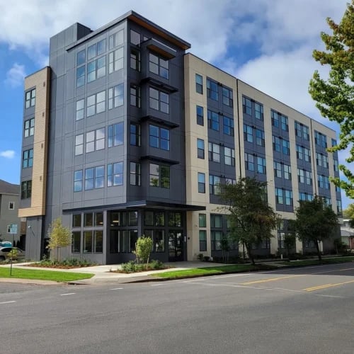 Modern apartment building with multiple floors exterior at Ferry Street Flats in Eugene Student Accommodation