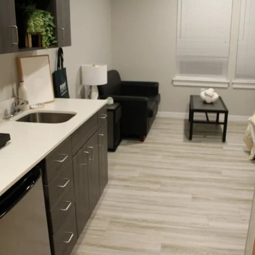 Kitchen counter sink cabinets sofa living room at Ferry Street Flats in Eugene Student Accommodation