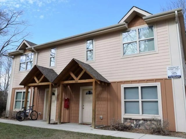 Apartment building with bicycles and entrances exterior at Boone High Country Rentals in Boone Student Accommodation