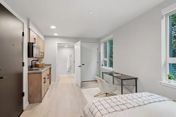 Studio apartment with kitchen bed desk living room at Juno Studios in Seattle Student Accommodation