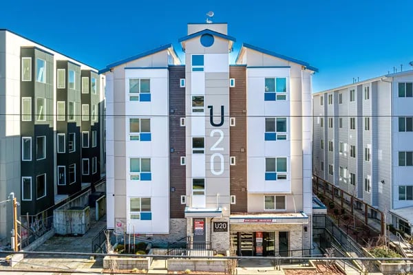 Modern U20 building with multiple windows exterior at Juno Studios in Seattle Student Accommodation