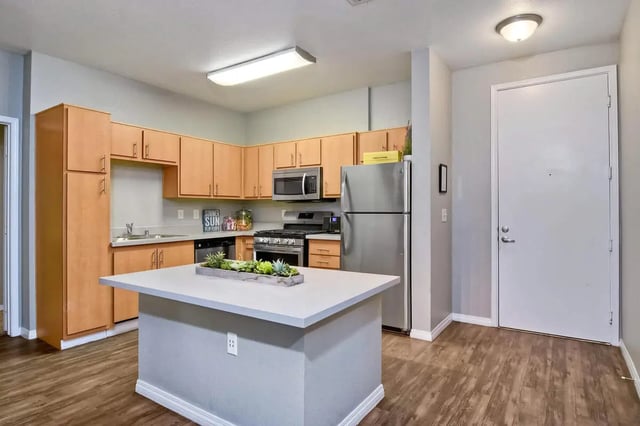 Kitchen island stainless steel appliances cabinetry kitchen at Fifty Twenty-Five Apartments in San Diego Student Accommodation