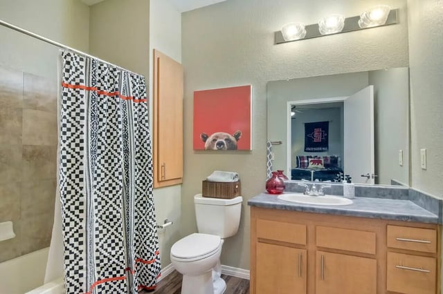Shower tub toilet sink cabinet bear art bathroom at Fifty Twenty-Five Apartments in San Diego Student Accommodation