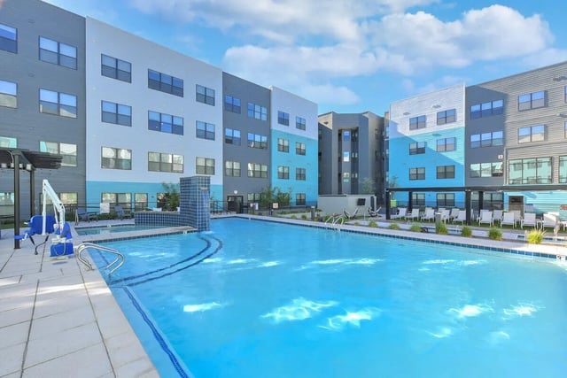 Swimming pool and apartments exterior view at Park Place Tempe in Tempe Student Accommodation